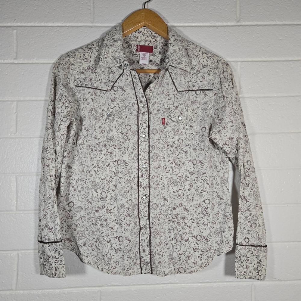 Vtg Levis Western Shirt Medium Floral Pearl Snap Long Sleeve Cotton Brown Rodeo